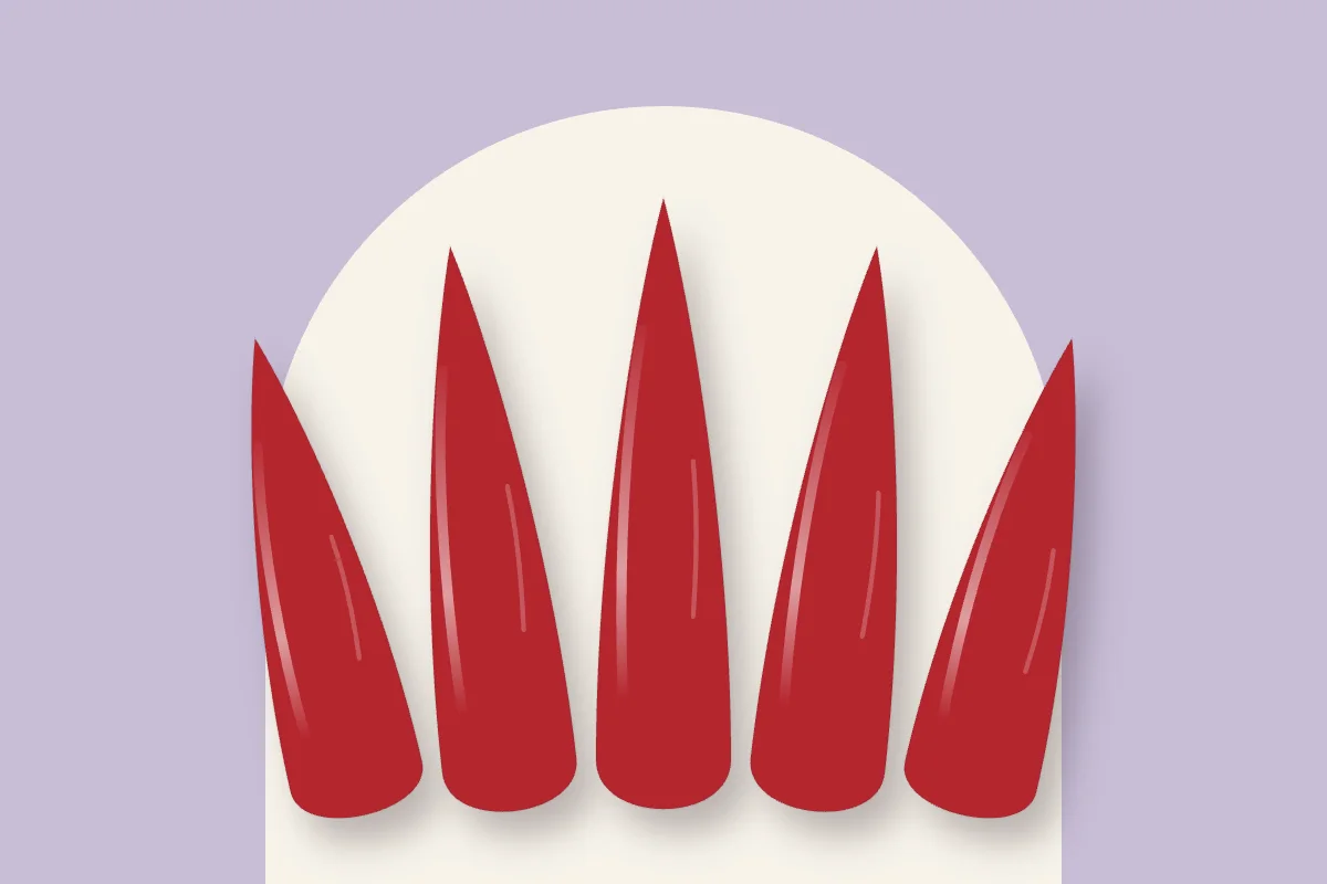 Illustration : cinq ongles stiletto rouges très longs sur fond lilas