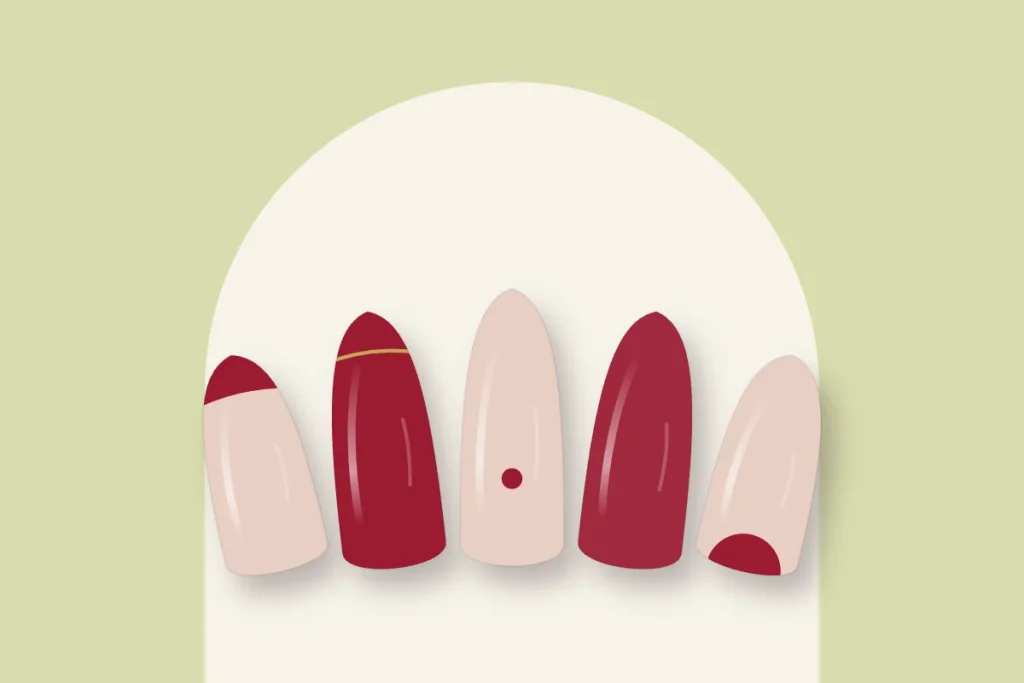 Manucure rubis : french rouge rubis, rubis liseré d’or, point rubis sur nude, rubis mat et demi-lune rubis